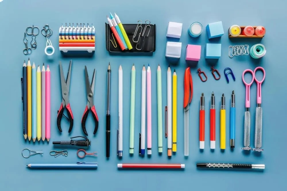 A set of stationery supplies together on a table