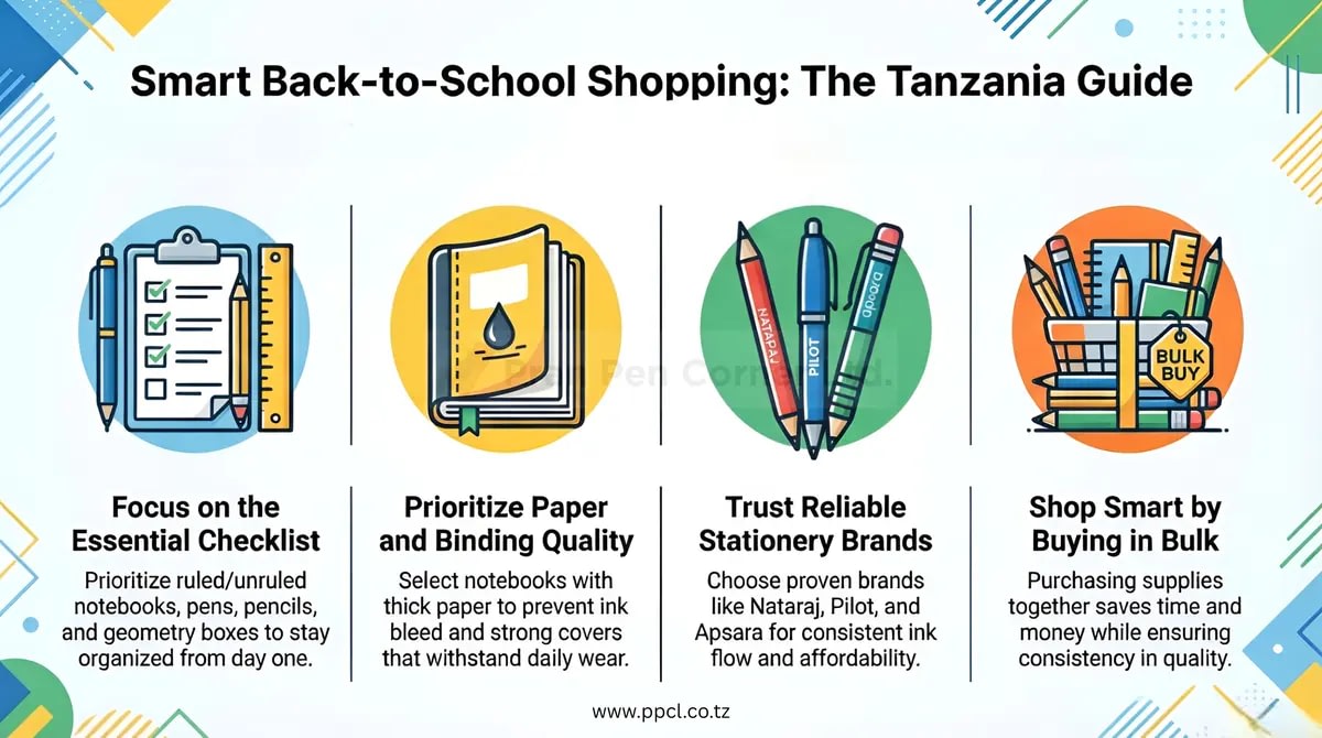 Students in Tanzania with school notebooks, pens, and other stationery for back-to-school shopping