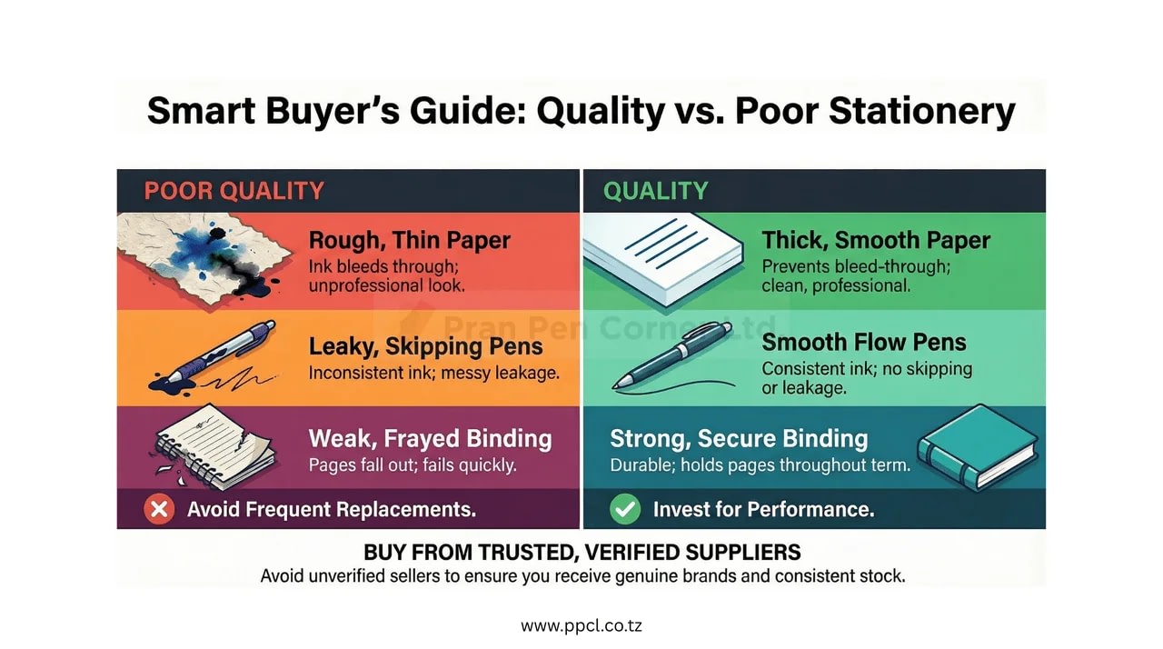 Comparison of good and bad quality stationery including notebooks, pens and office supplies in Tanzania - infographic