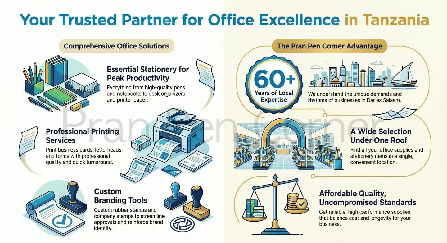 office supplies Dar es Salaam featuring stationery items, high quality pen, rubber stamps and business supplies at Pran Pen Corner Ltd